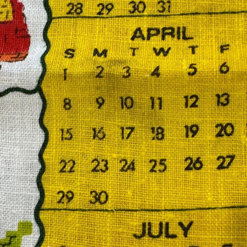 Vintage 1979 Calendar Tea Towel Folk Art Horse Carriage Linen Wall Hanging
